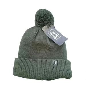 PGA Tour Men's Hunter Green Acrylic Knit Poly Lined Cuffed Beanie w Pom-Pom & Lo